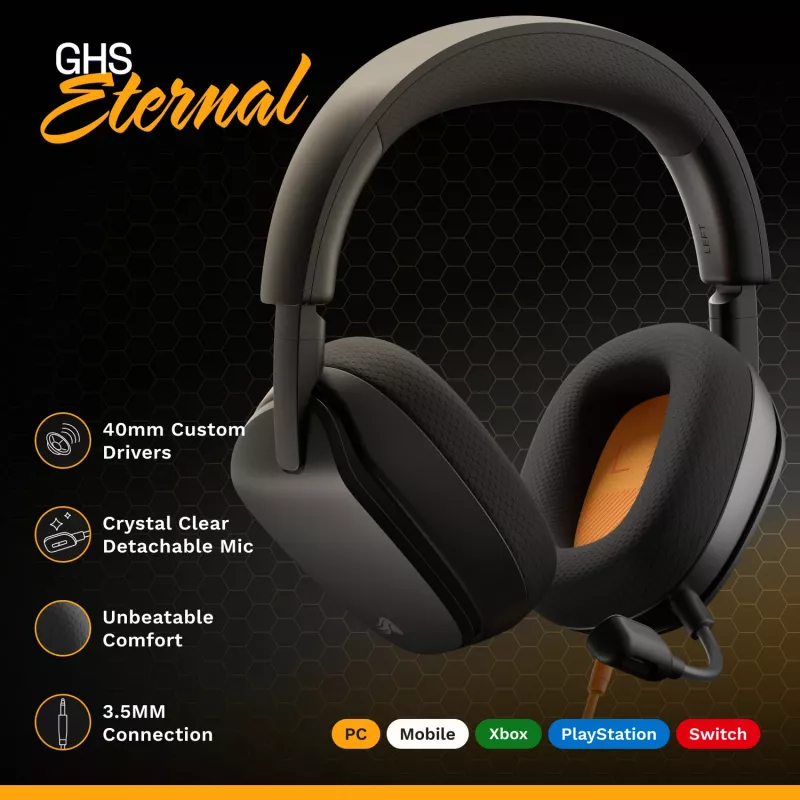 Glorious Gaming Glorious GHS Eternal - Stereo spēļu austiņas priekš PC, PS5, PS4, Xbox, Switch - Pielāgoti regulēti leņķveida draiveri, regulējams kristāldzidrs noņemams mikrofons, 3,5 mm - Izturīgas, komforts visai dienai/naktij - Melns