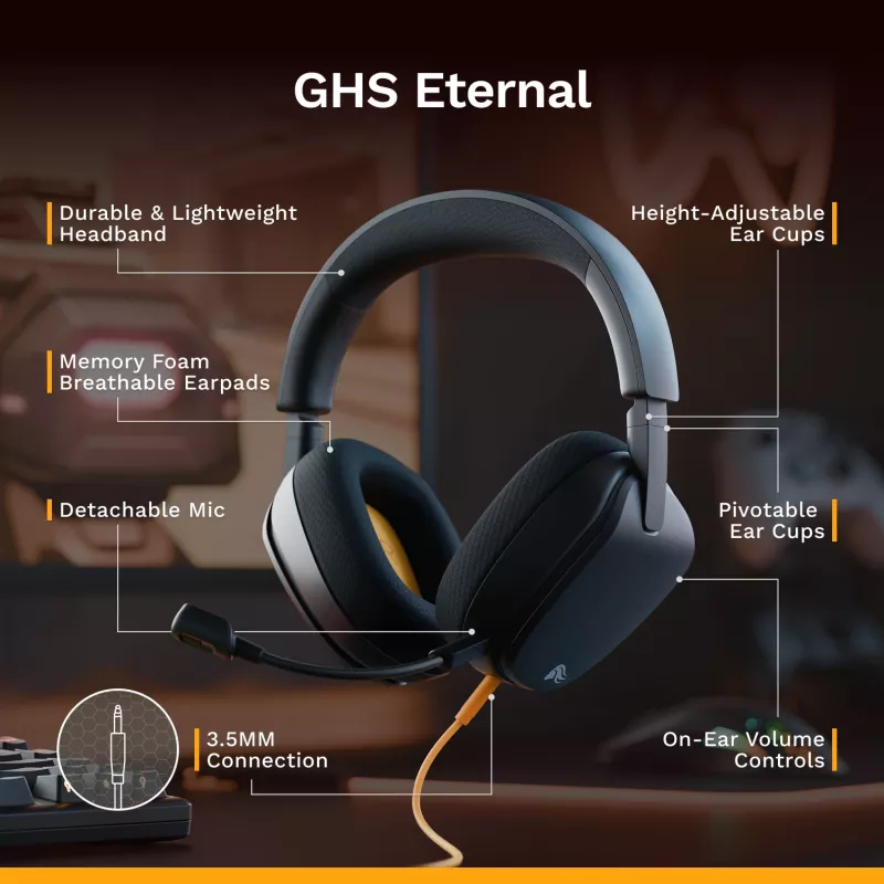 Glorious Gaming Glorious GHS Eternal - Stereo spēļu austiņas priekš PC, PS5, PS4, Xbox, Switch - Pielāgoti regulēti leņķveida draiveri, regulējams kristāldzidrs noņemams mikrofons, 3,5 mm - Izturīgas, komforts visai dienai/naktij - Melns