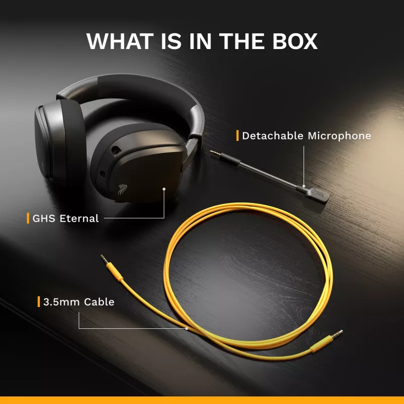 Glorious Gaming Glorious GHS Eternal - Stereo spēļu austiņas priekš PC, PS5, PS4, Xbox, Switch - Pielāgoti regulēti leņķveida draiveri, regulējams kristāldzidrs noņemams mikrofons, 3,5 mm - Izturīgas, komforts visai dienai/naktij - Melns