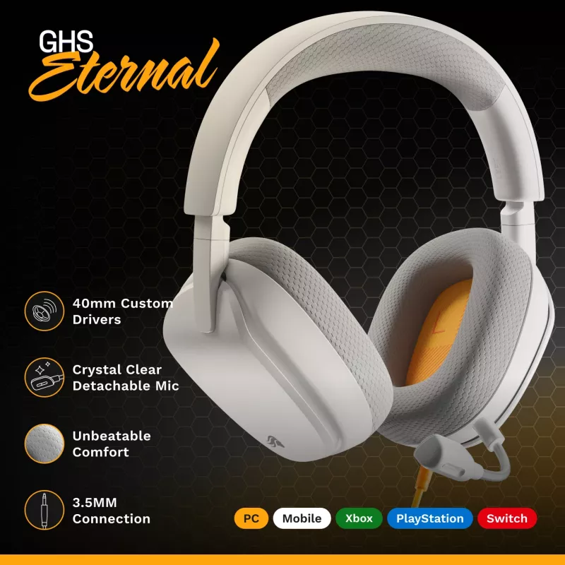 Glorious Gaming Glorious GHS Eternal - Stereo Gaming Headset priekš PC, PS5, PS4, Xbox, Switch - Īpaši pielāgoti leņķveida draiveri, regulējams kristāldzidrs noņemams mikrofons, 3.5mm - Izturīgs, visas dienas/nakts komforts - Balts