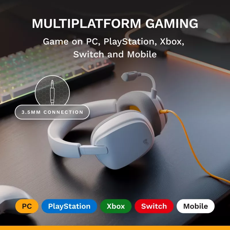 Glorious Gaming Glorious GHS Eternal - Stereo Gaming Headset priekš PC, PS5, PS4, Xbox, Switch - Īpaši pielāgoti leņķveida draiveri, regulējams kristāldzidrs noņemams mikrofons, 3.5mm - Izturīgs, visas dienas/nakts komforts - Balts