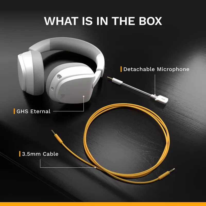 Glorious Gaming Glorious GHS Eternal - Stereo Gaming Headset priekš PC, PS5, PS4, Xbox, Switch - Īpaši pielāgoti leņķveida draiveri, regulējams kristāldzidrs noņemams mikrofons, 3.5mm - Izturīgs, visas dienas/nakts komforts - Balts