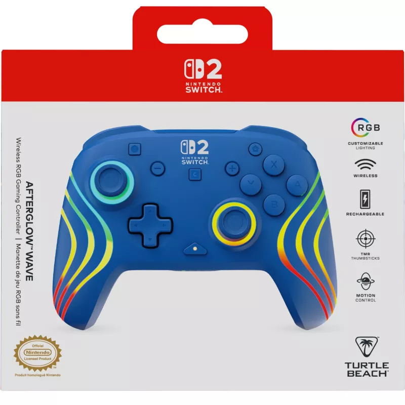 Vadu un bezvadu spēļu kontrolieris Turtle Beach Afterglow Wave Blue priekš Nintendo Switch 2 — Bluetooth/USB-C, RGB, Iebūvēta 20 h baterija, 3 m kabelis