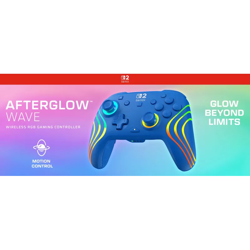 Vadu un bezvadu spēļu kontrolieris Turtle Beach Afterglow Wave Blue priekš Nintendo Switch 2 — Bluetooth/USB-C, RGB, Iebūvēta 20 h baterija, 3 m kabelis
