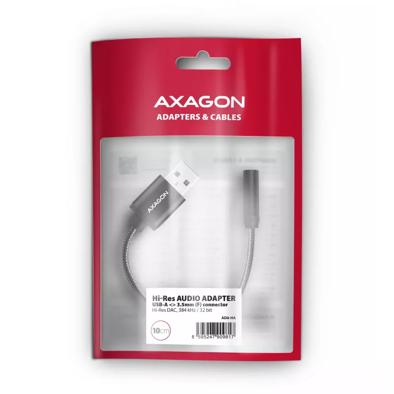 Axagon ADA-HA USB-A uz 3,5 mm ligzdu Hi-Res DAC audio adapteris, 384kHz/32bit, Stereo