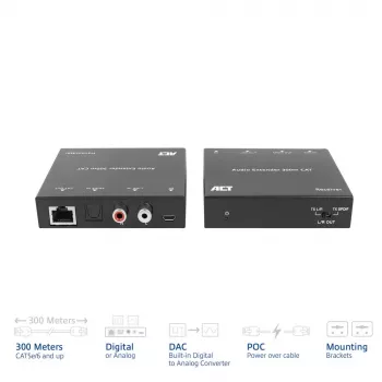 Audio pagarinātāja komplekts ACT AC7710 — digitāls/analogs pa Cat5e/Cat6 ar DAC, TOSLINK I/O, līdz 300 m, 5V USB barošana