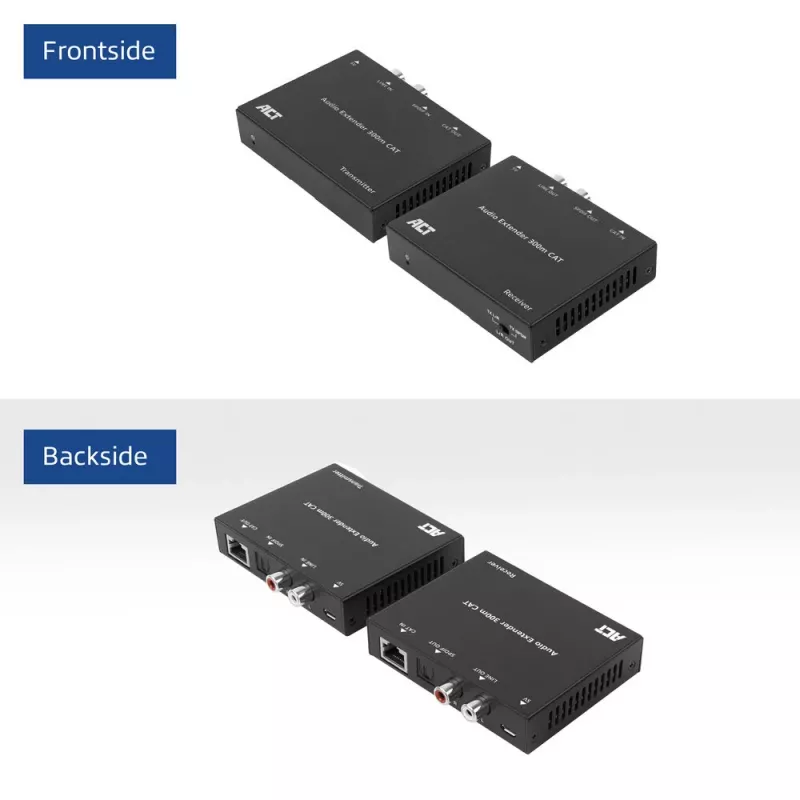Audio pagarinātāja komplekts ACT AC7710 — digitāls/analogs pa Cat5e/Cat6 ar DAC, TOSLINK I/O, līdz 300 m, 5V USB barošana