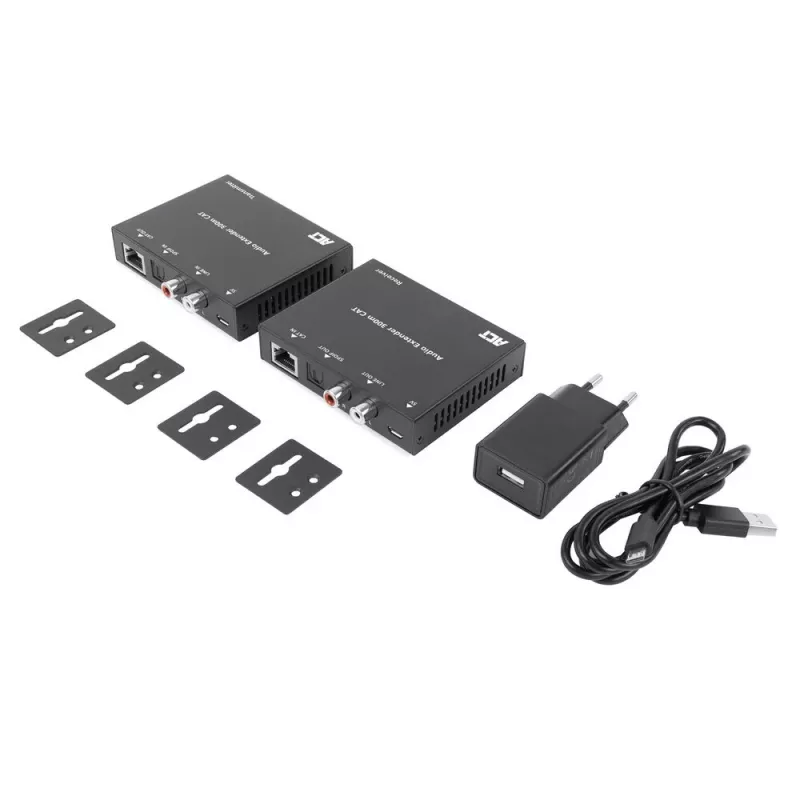 Audio pagarinātāja komplekts ACT AC7710 — digitāls/analogs pa Cat5e/Cat6 ar DAC, TOSLINK I/O, līdz 300 m, 5V USB barošana