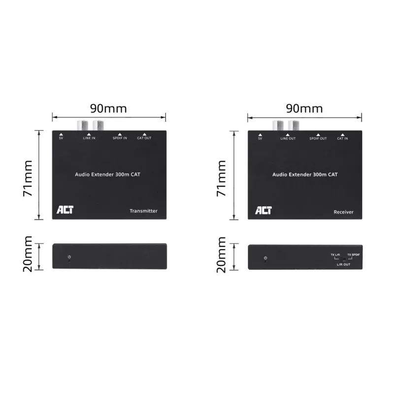Audio pagarinātāja komplekts ACT AC7710 — digitāls/analogs pa Cat5e/Cat6 ar DAC, TOSLINK I/O, līdz 300 m, 5V USB barošana