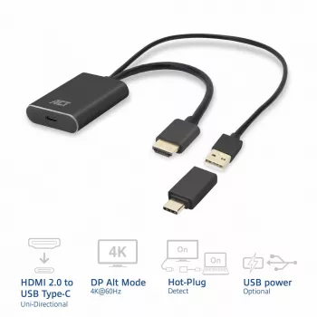 ACT HDMI uz USB Type-C sievišķais adapteris, 4K@60Hz. Kabeļa garums: 0.25 m, Savienotājs 1: USB Type-C, Savienotājs 2: HDMI + USB. Daudzums iepakojumā: 1 gab.