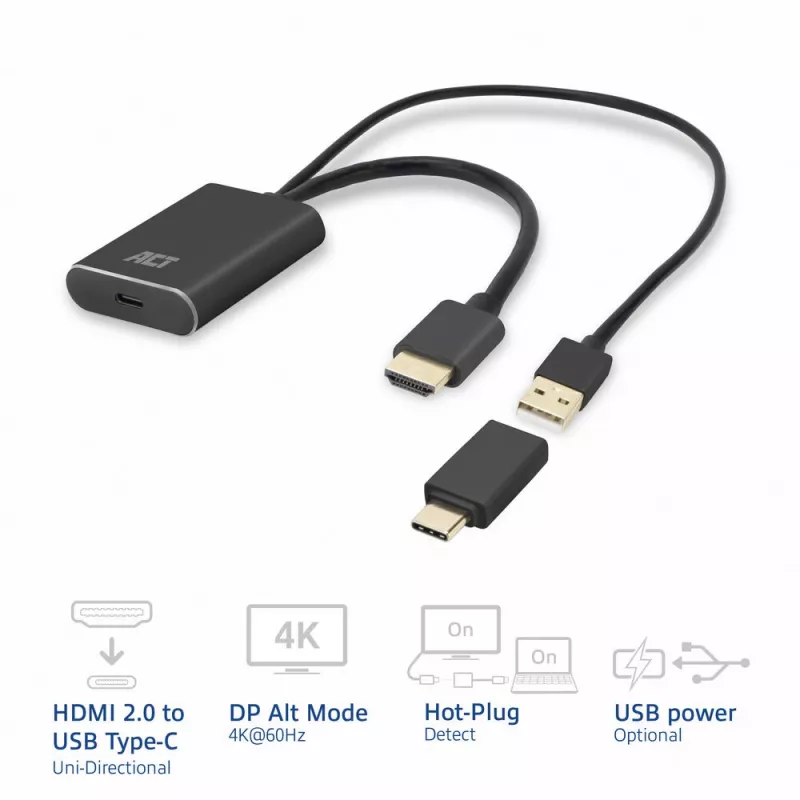 ACT HDMI uz USB Type-C sievišķais adapteris, 4K@60Hz. Kabeļa garums: 0.25 m, Savienotājs 1: USB Type-C, Savienotājs 2: HDMI + USB. Daudzums iepakojumā: 1 gab.
