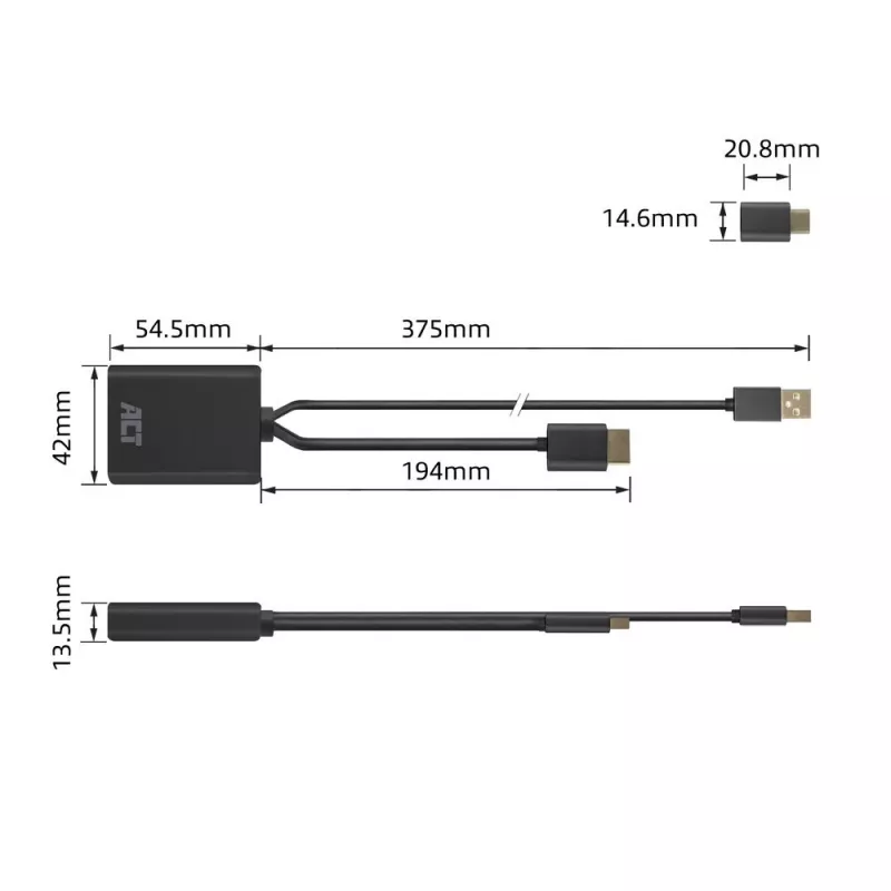 ACT HDMI uz USB Type-C sievišķais adapteris, 4K@60Hz. Kabeļa garums: 0.25 m, Savienotājs 1: USB Type-C, Savienotājs 2: HDMI + USB. Daudzums iepakojumā: 1 gab.