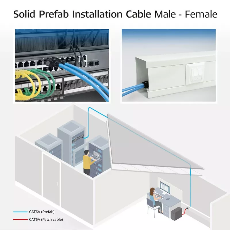 ACT Blue 90 meters S/FTP CAT6A B2ca PoE++ 100W solid prefab installation kabelis, RJ45 male – female