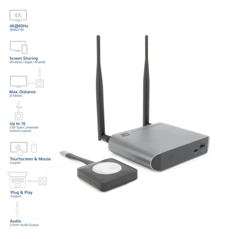 ACT Aero 4K bezvadu prezentācijas sistēma, galddatora, melna, pelēka, 3840 x 2160, 2160p, USB Type-C, USB