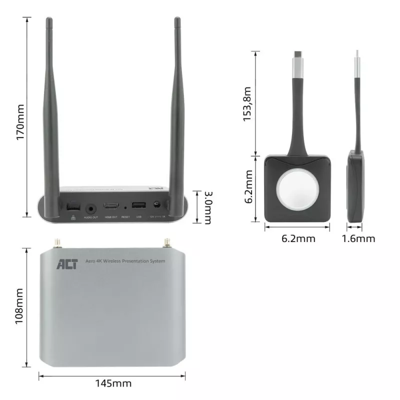 ACT Aero 4K bezvadu prezentācijas sistēma, galddatora, melna, pelēka, 3840 x 2160, 2160p, USB Type-C, USB