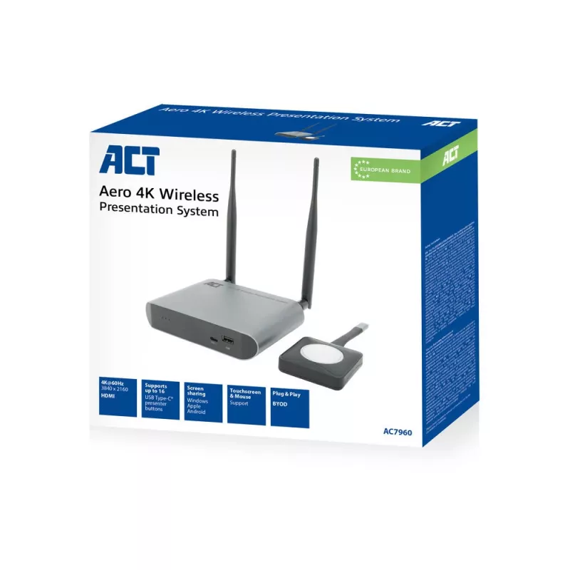 ACT Aero 4K bezvadu prezentācijas sistēma, galddatora, melna, pelēka, 3840 x 2160, 2160p, USB Type-C, USB