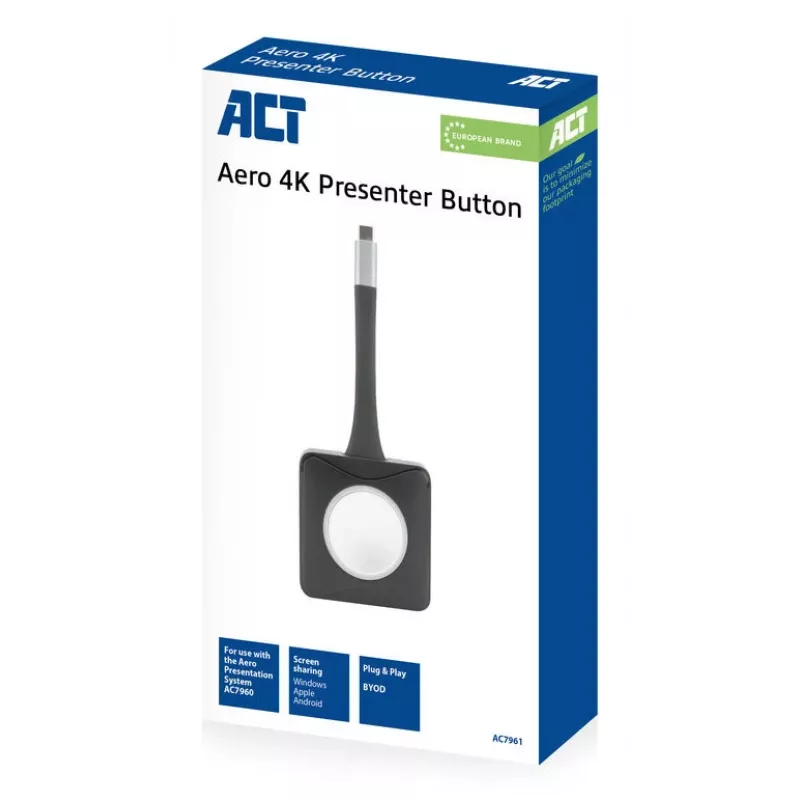 ACT Aero 4K Prezentētāja poga, Pogu komplekts, Melna, 1 gab., 3840 x 2160, Aero 4K Bezvadu Prezentācijas Sistēma, 0 - 40 °C