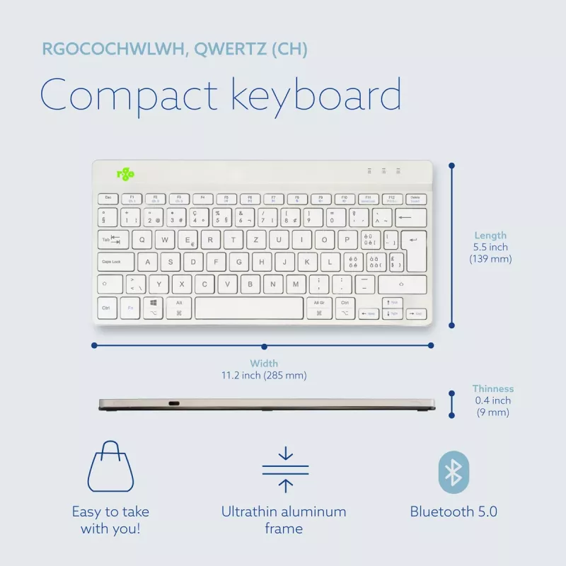 R-Go Tools ergonomiskā tastatūra R-Go Compact Break, kompakta tastatūra ar pārtraukuma programmatūru, QWERTZ (CH), Bluetooth, balta
