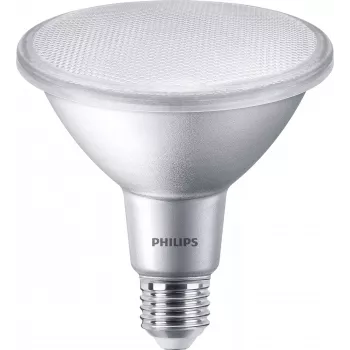 Philips PAR38 atstarotāja LED spuldze, 9 W (aizstāj 60 W kvēlspuldzi) ar E27 vītnes cokolu. Izdod 750 lm silti baltas gaismas pie 2700 K, augsta krāsu atveide…