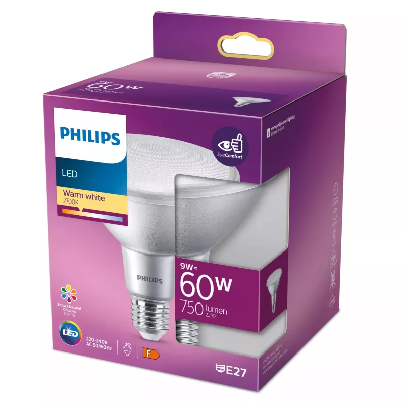 Philips PAR38 atstarotāja LED spuldze, 9 W (aizstāj 60 W kvēlspuldzi) ar E27 vītnes cokolu. Izdod 750 lm silti baltas gaismas pie 2700 K, augsta krāsu atveide…