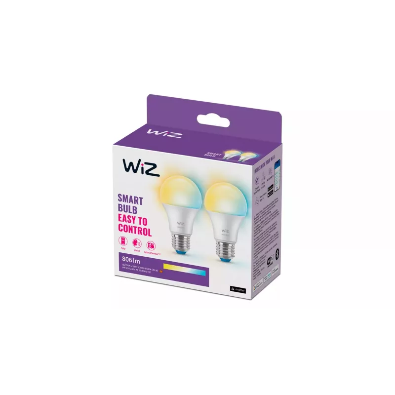 WiZ spuldze 60W A60 E27 x2, viedā spuldze, Wi-Fi/Bluetooth, Balta, Wi-Fi 4 (802.11n), 802.11b, 802.11g, LED, E27