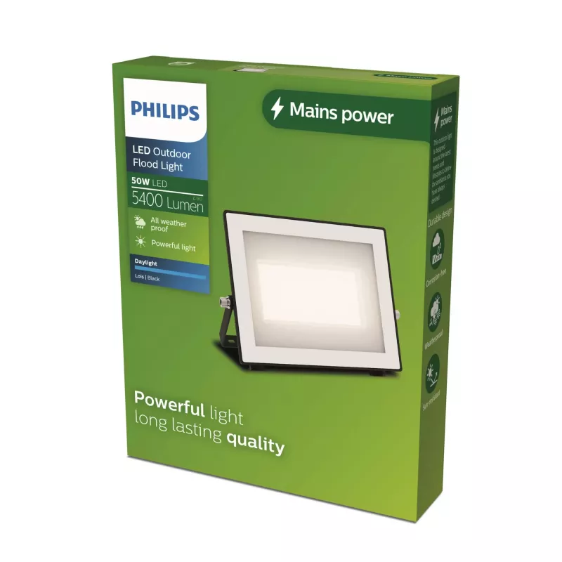 Āra sienas gaismeklis Philips Lois 50W LED, melns metāla korpuss, 220–240V, nemaināms LED