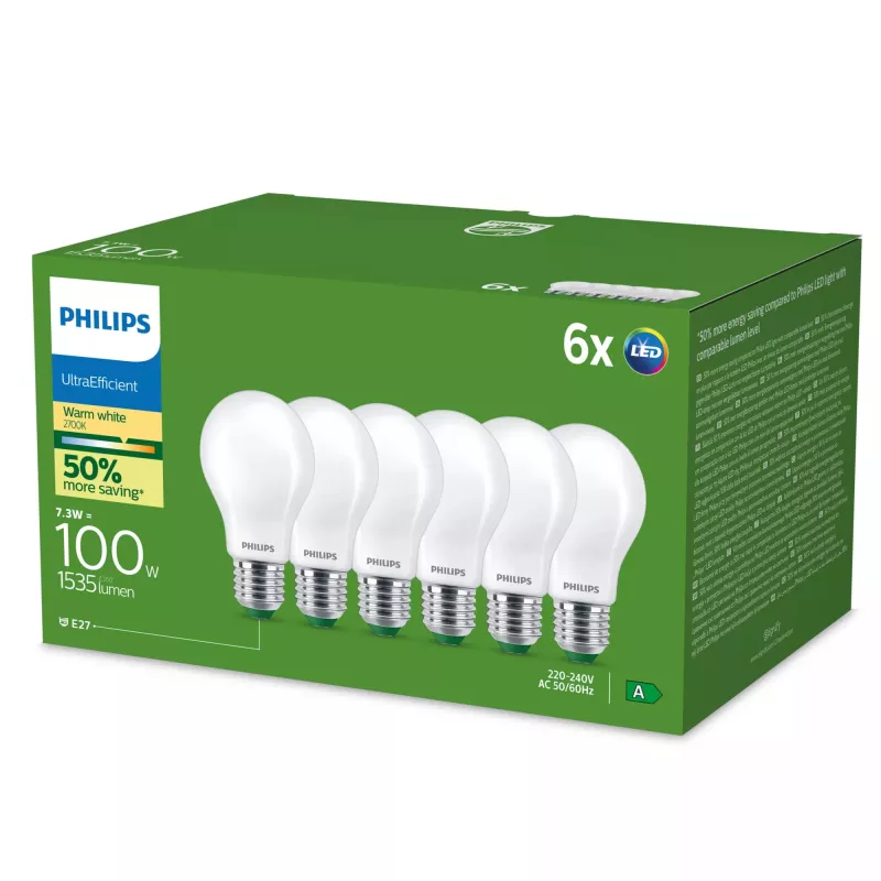 Philips Īpaši efektīva LED spuldze E27 A60, 7.3 W (100 W ekvivalents), 2700 K, 6 gab.
