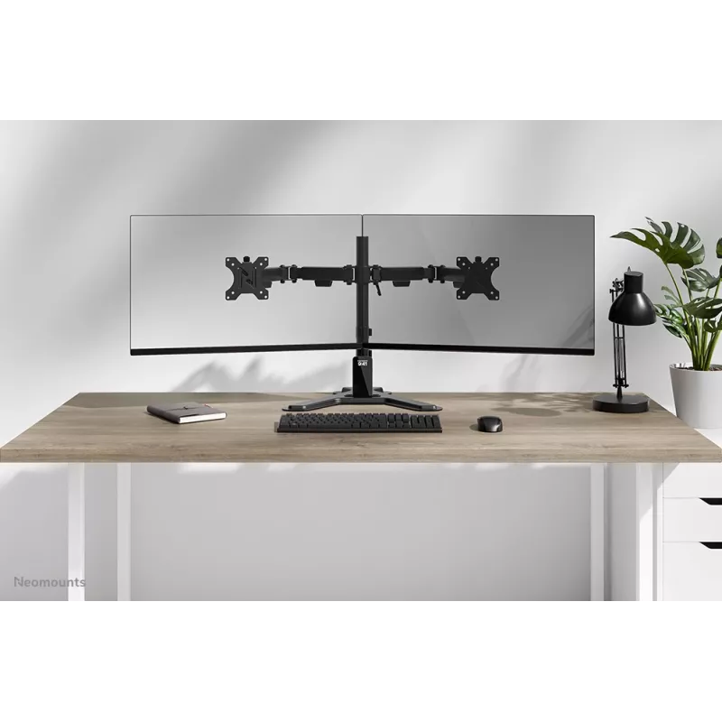 Divu monitoru statīvs Neomounts DS45-600BL2 10–32 collu ekrāniem, atbalsta 2 displejus, maks. 6 kg, VESA 75x75–100x100, brīvstāvošs, melns