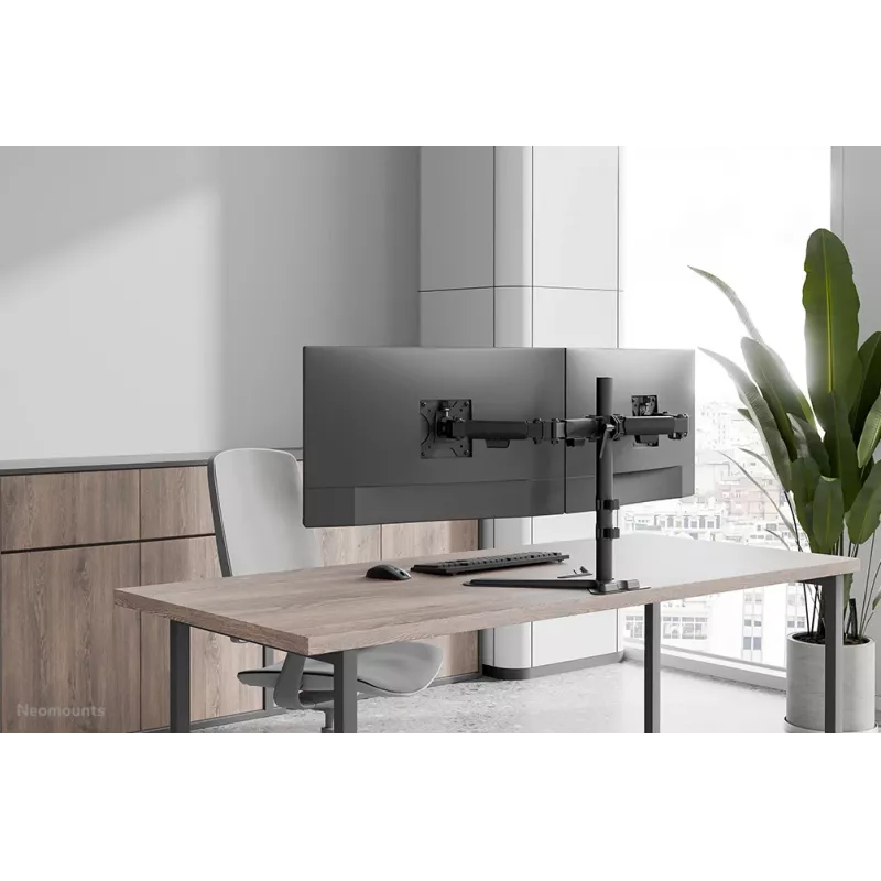 Divu monitoru statīvs Neomounts DS45-600BL2 10–32 collu ekrāniem, atbalsta 2 displejus, maks. 6 kg, VESA 75x75–100x100, brīvstāvošs, melns