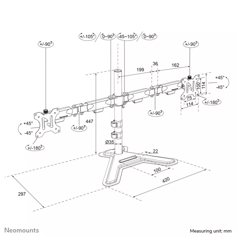 Divu monitoru statīvs Neomounts DS45-600BL2 10–32 collu ekrāniem, atbalsta 2 displejus, maks. 6 kg, VESA 75x75–100x100, brīvstāvošs, melns