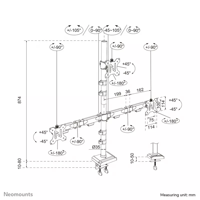 Neomounts DS60-600BL2-1 trīskārša monitora svira 10-32 collas, skava/caurlaide, 9 kg, 25,4 cm (10 collas), 81,3 cm (32 collas), 100 x 100 mm, melna