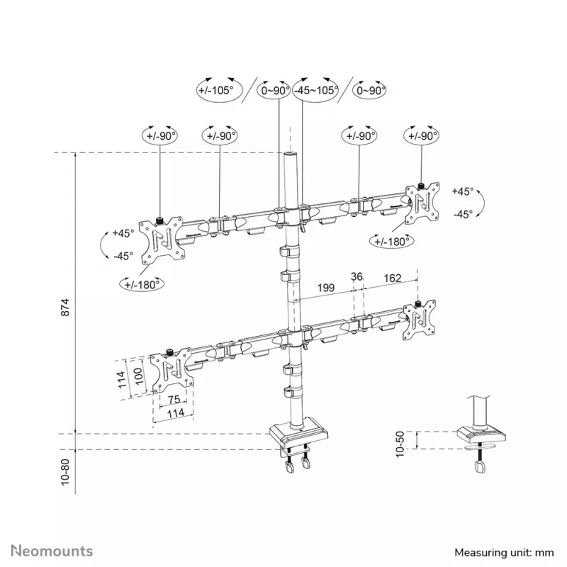 Četrkāršs monitora kronšteins Neomounts DS60-600BL2-2 10–32 collu ekrāniem, VESA 75x75–100x100, maks. slodze 8 kg, skava/caurums, melns