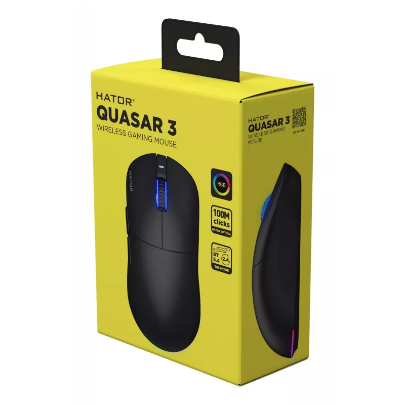 HATOR Quasar 3 Wireless pele Spēlēm Piemērota abām rokām RF Wireless + Bluetooth + USB Type-A Optiskā 12000 DPI