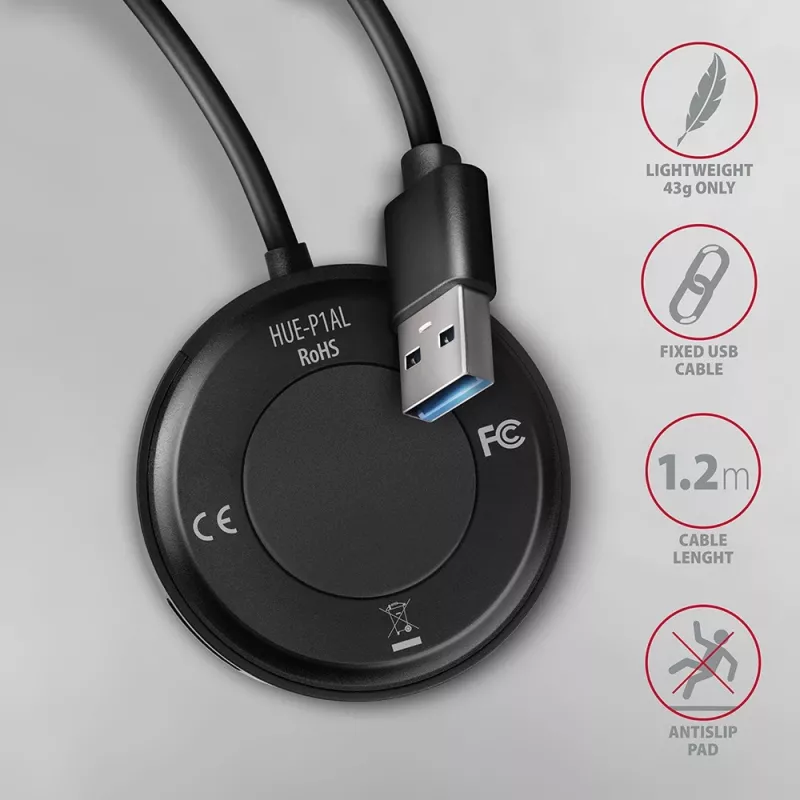 AXAGON HUE-P1AL centrmezgls ar 4 pieslēgvietām USB 3.2 Gen 1 APĻA FORMA