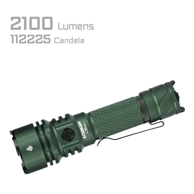 Rokas lukturītis AceBeam L16 2.0 zaļa — uzlādējams 21700 Li‑Ion, 5000 mAh, līdz 2100 lm, IP68, 7 izejas līmeņi