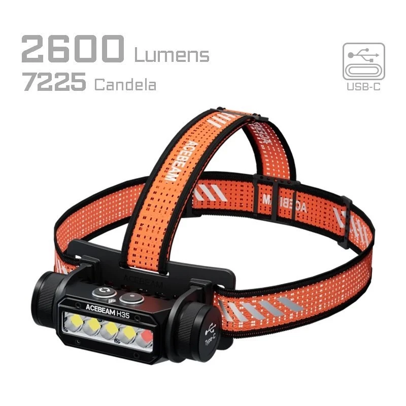 Galvas lentes lukturītis AceBeam H35 — LED priekšējais lukturis, maks. 2600 lm, 170 m stars, IP68, 18650 3800 mAh, 216 st. darbības laiks
