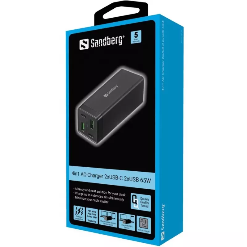 SANDBERG barošanas bloks - 65 W - 3,25 A - PD, QC - 4 izejas pieslēgvietas (2 x USB, 2 x USB-C)