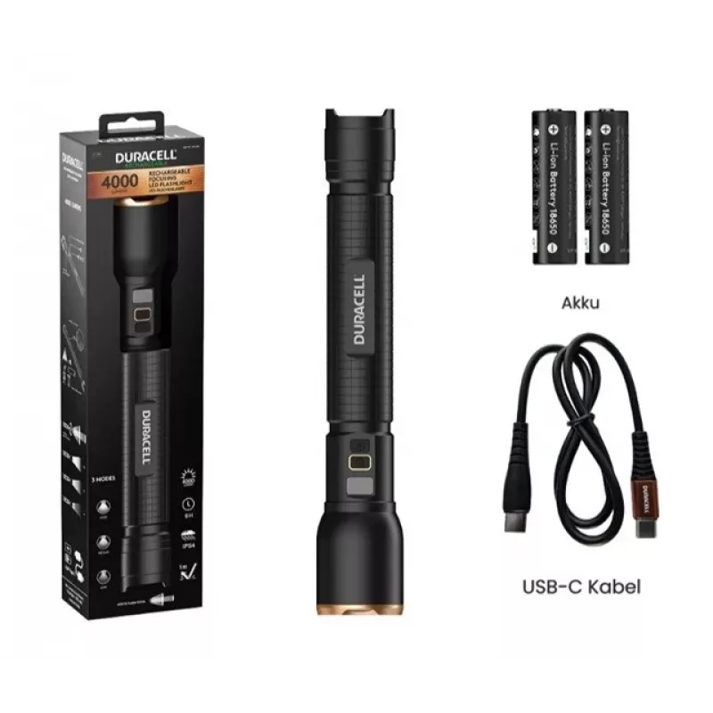 Kabatas lukturītis Duracell DF4000R melns — rokas uzlādējams lukturis, kompakts dizains