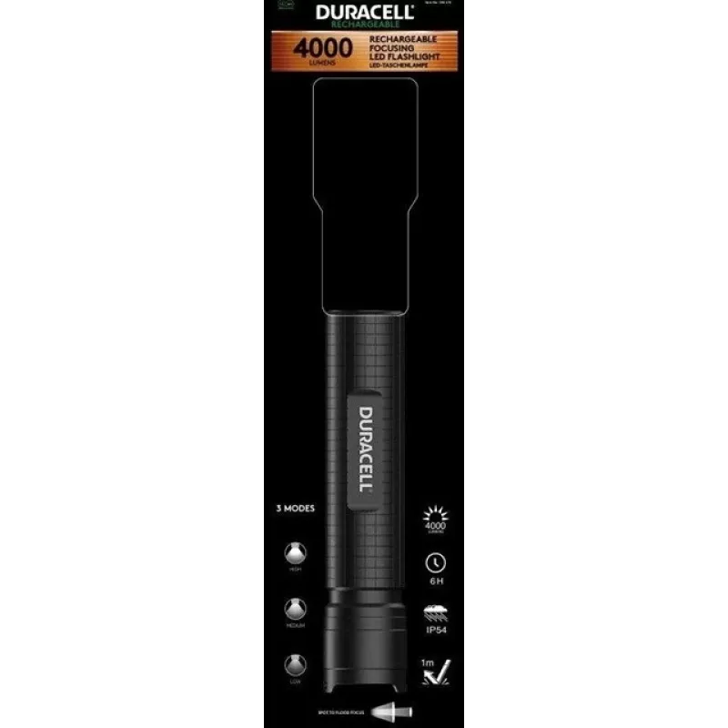 Kabatas lukturītis Duracell DF4000R melns — rokas uzlādējams lukturis, kompakts dizains