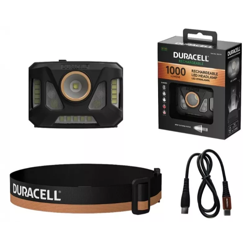 Priekšējais lukturis Duracell DH1000R — melns/oranžs, uzlādējams brīvroku apgaismojums