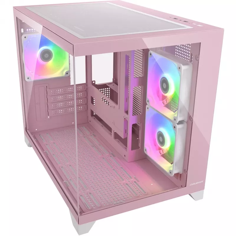 Mini Tower PC Case Cougar FV150 ARGB — rozā, atbalsta 2x 120/140 mm sānu ventilatorus, 1x 120 mm aizmugurē, 2.5 collu/3.5 collu HDD, 285×435×365 mm