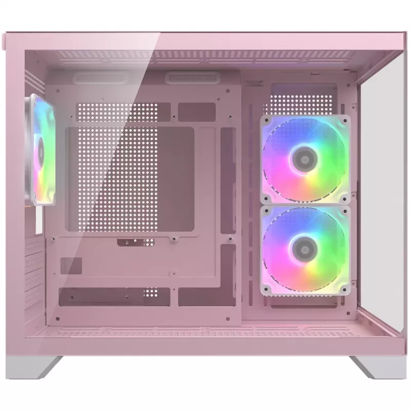Mini Tower PC Case Cougar FV150 ARGB — rozā, atbalsta 2x 120/140 mm sānu ventilatorus, 1x 120 mm aizmugurē, 2.5 collu/3.5 collu HDD, 285×435×365 mm