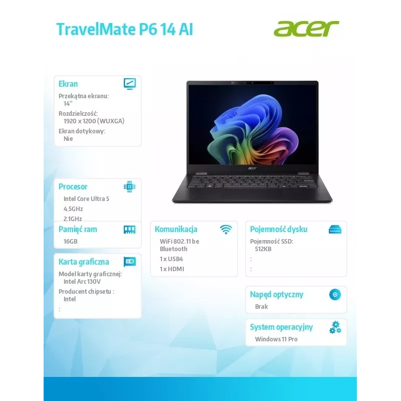 Acer TravelMate P6 14 AI TMP614-54T klēpjdators ar Intel Ultra 5, 16GB RAM, 512GB SSD, Windows 11 Pro, 226V akumulators