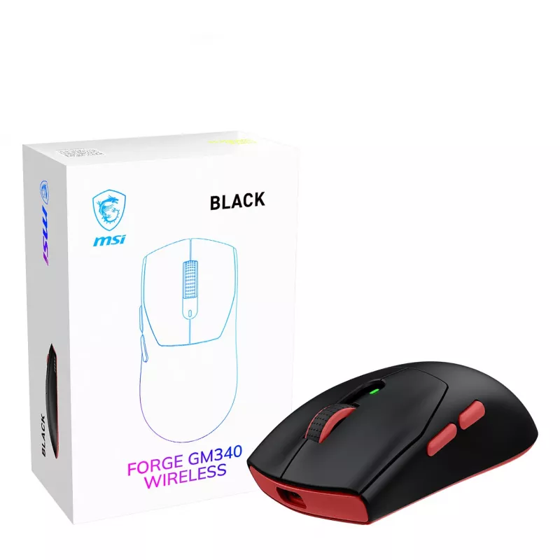 MSI Forge GM340 bezvadu spēļu pele, piemērota abām rokām, optiskā, 12000 DPI, melna