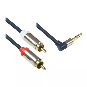 Audio Anschlusskabel High-Quality 3,5mm, Klinkenstecker rechts abgew. an 2x RCA Stecker, Vollmetallgehäuse, dunkelblau, 1,5m, Good Connections (GC-M00