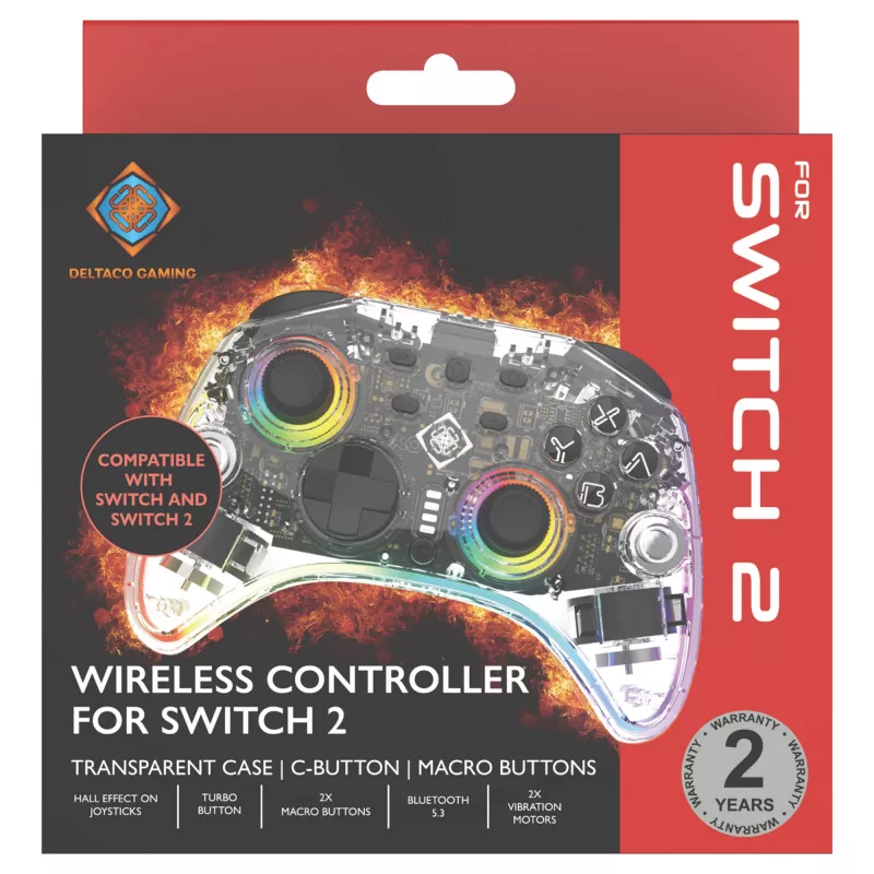 Spēļu kontrolieris Deltaco Gaming GAM-198-T caurspīdīgs Bluetooth/USB USB-C, paredzēts Nintendo Switch, Switch 2, Switch OLED, Android, PC
