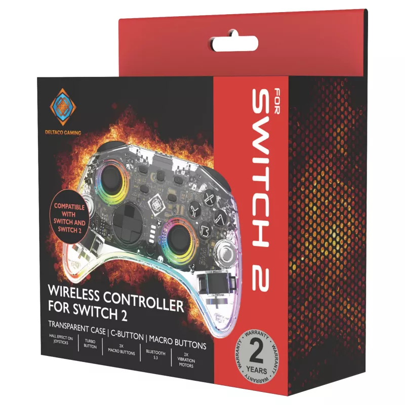 Spēļu kontrolieris Deltaco Gaming GAM-198-T caurspīdīgs Bluetooth/USB USB-C, paredzēts Nintendo Switch, Switch 2, Switch OLED, Android, PC