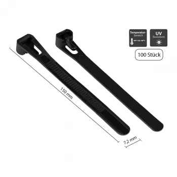 Wiederverwendbarer Kabelbinder 150 mm x 7,2 mm, schwarz, UV-resistent, -40 °C bis +85 °C, 100 Stück (KAB-R15S72)