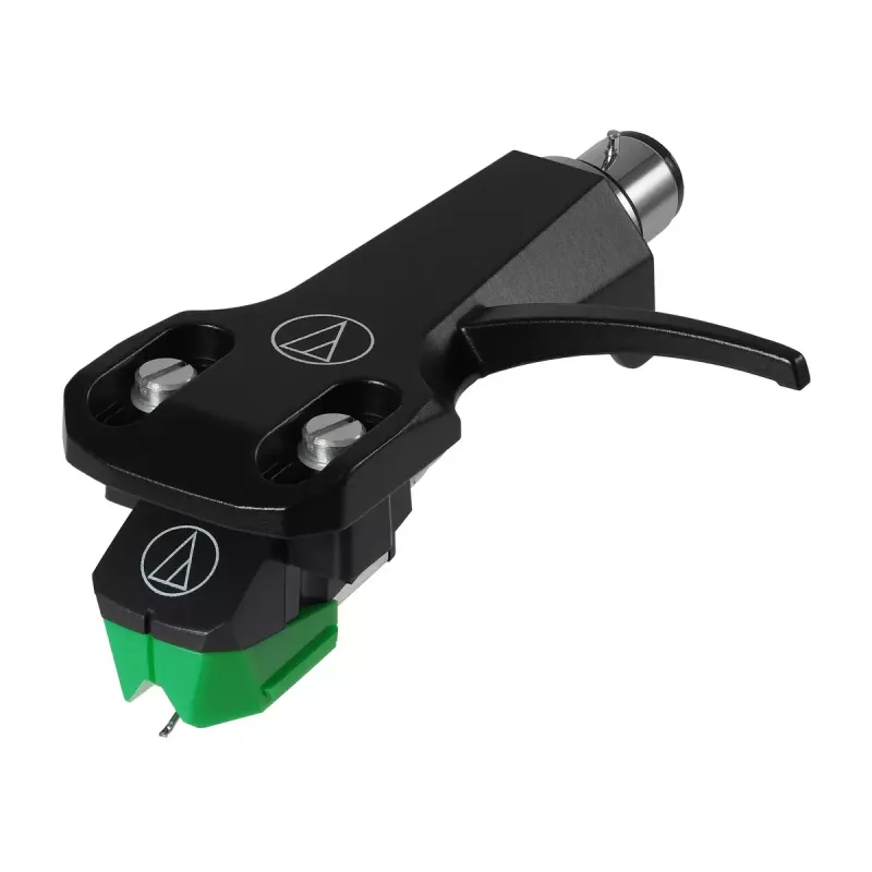Audio-Technica AT-VM95E/H skaņuplašu kārtridžs ar AT-HS6BK galviņas turētāju, iepriekš samontēts (melns/zaļš)