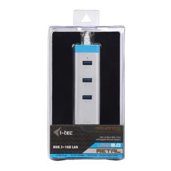 USB 3.0 centrmezgls ar gigabitu Ethernet ITEC U3GLAN3HUB — 3 portu metāla centrmezgls, VIA VL812 + Realtek RTL8153, sudrabots